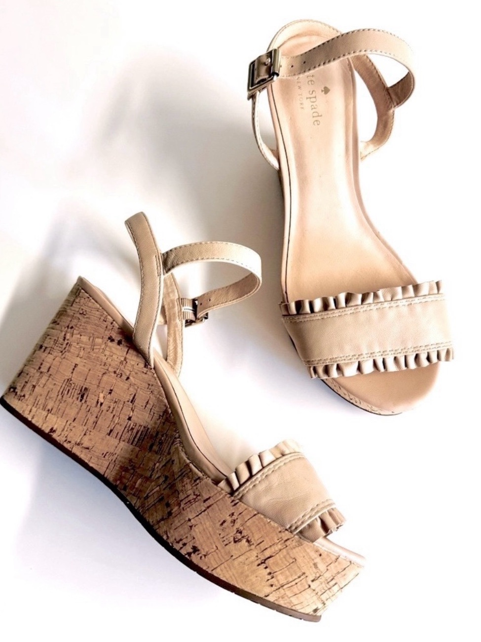 Kate Spade Neutral Cream Tomas Ruffle Strap Cork Wedge Sandals.Size 9.5